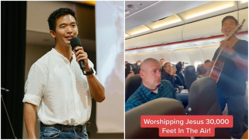 At left, Jonathan Neo gives a speech, and singing on a flight earlier this month, at right. Photos: 3:16 Church/Facebook, Jackjenszjr/TikTok
