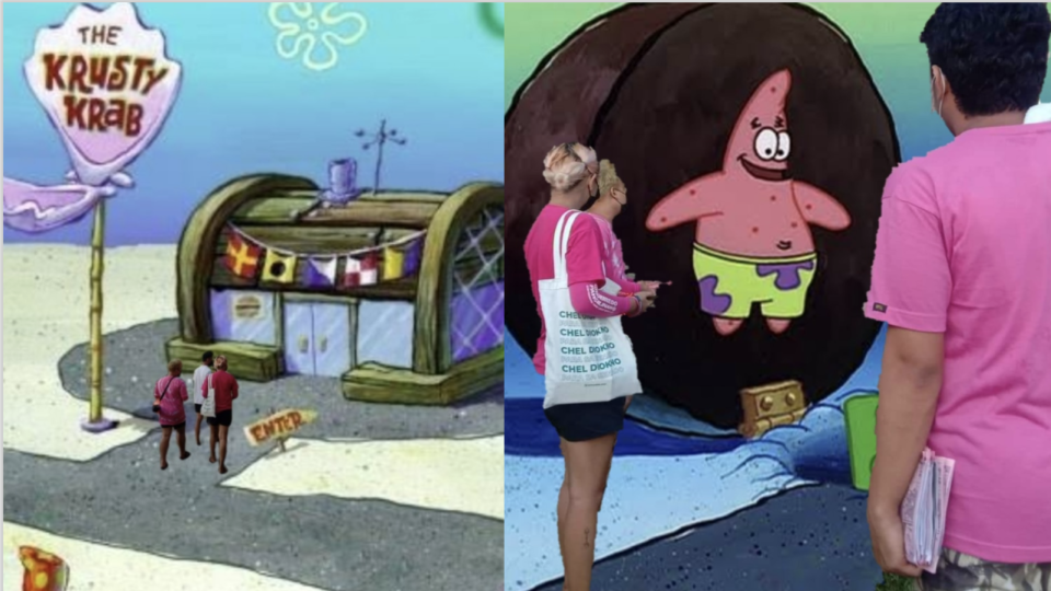 Aira Lacuata photoshopped herself and her friends into Spongebob Squarepants images after encountering trolls with the “works at Krusty Krab” tag on their profiles. Images: Aira Lacuata (Facebook)