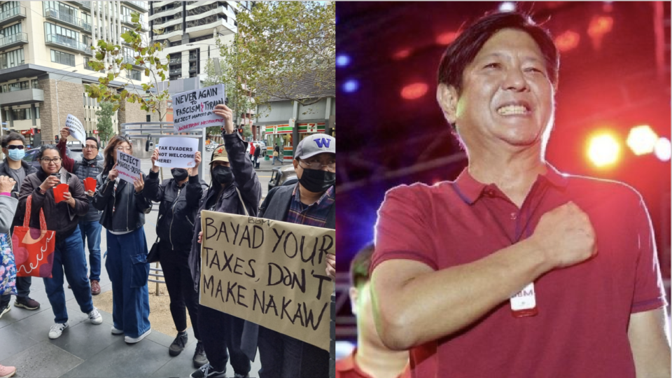 Members of Filipino community protest Bongbong Marcos’ presence in Melbourne Australia. Images: Anakbayan Melbourne