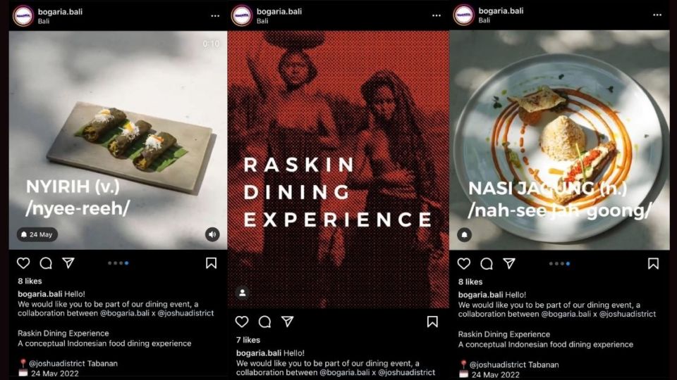 Screenshots of Raskin Dining Experience’s announcement on @bogaria.bali’s Instagram page, which have since been taken down.