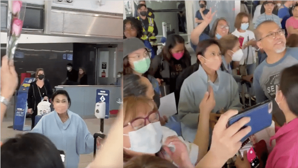 Vice President Leni Robredo and her daughters were greeted by supporters at the JFK airport in New York. Screenshots: @_karcangeles (Twitter) / DZMM Teleradyo (Facebook)