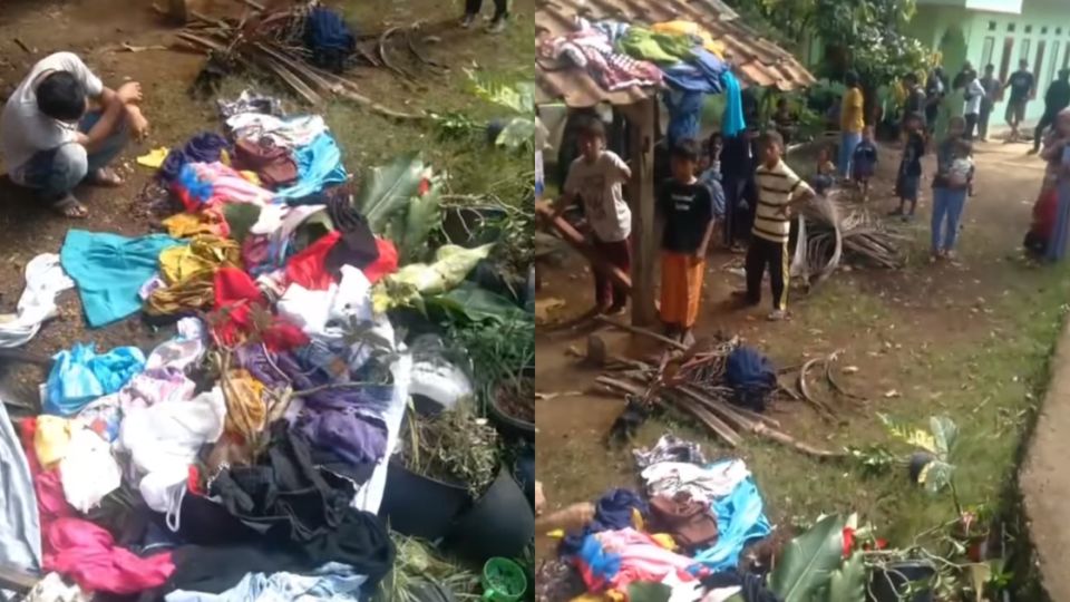 In a 27-second clip that recently circulated online, residents of Tanjungsari village in Sukaluyu district, West Java’s Cianjur regency were seen tossing out the clothes belonging to the woman, who has been identified as 28-year-old NN. The residents were upset upon finding out that NN, who has been married to one man, went on to recently marry another man. Screenshots from video