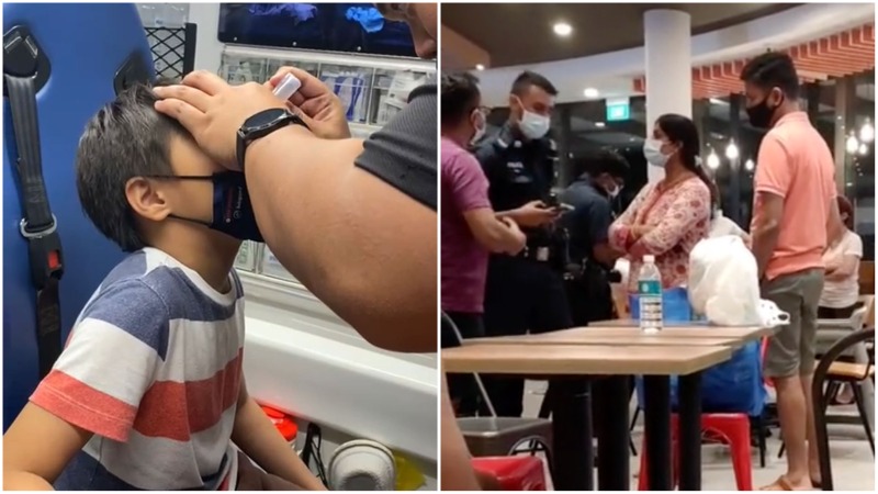 At left, a medical officer attends to a boy who was sprayed in the eyes by a fire extinguisher at a Singapore Burger King, and a police officer speaking to those at the restaurant, at right. Photos: Irene Lim/Facebook, Kakading/TikTok
