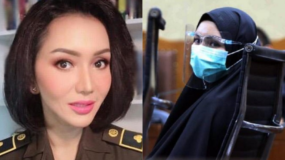 Pinangki Sirna Malasari with no hijab for a selfie (Left) and with a hijab during her corruption trial.