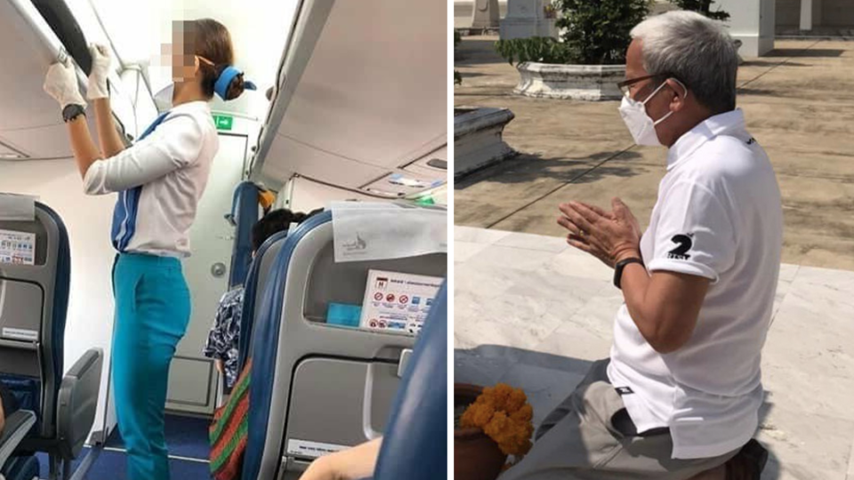 One of several deleted photos taken by former Silpakorn University Rector Chaicharn Thavaravej of air cabin crew, at left. Chaicharn in a moment of prayer, at right. Photos: Chaicharn Thavaravej / Facebook
