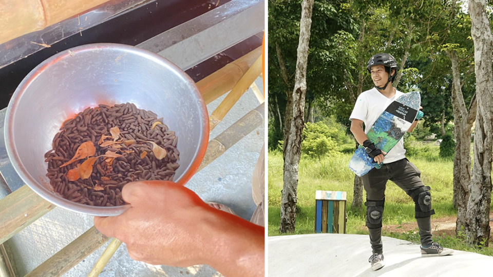 At left, Trin Rujiravanich uses black soldier flies to decompose food waste into fertilizer. At right, Promrote Vimolkul surfskates on a board made out of bottle caps. Photos: Courtesy