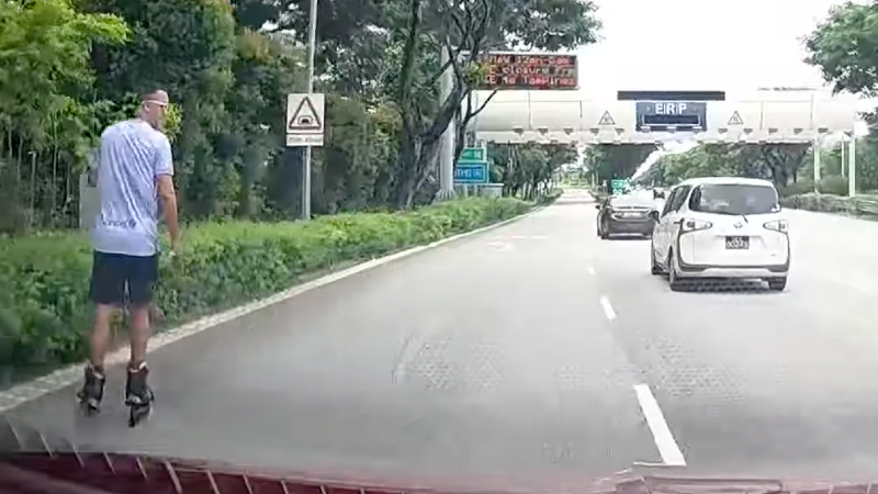 A man rollerskating on a KPE expressway yesterday. Photo: Timothy Sim/Facebook
