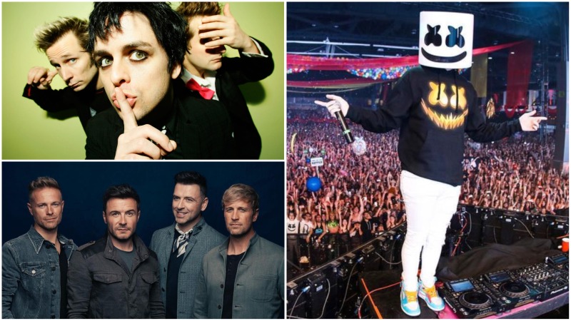 Clockwise from top left: Green Day, Marshmello and Westlife. Photos: Nigel Crane, Marshmello/Instagram, Westlife/Instagram
