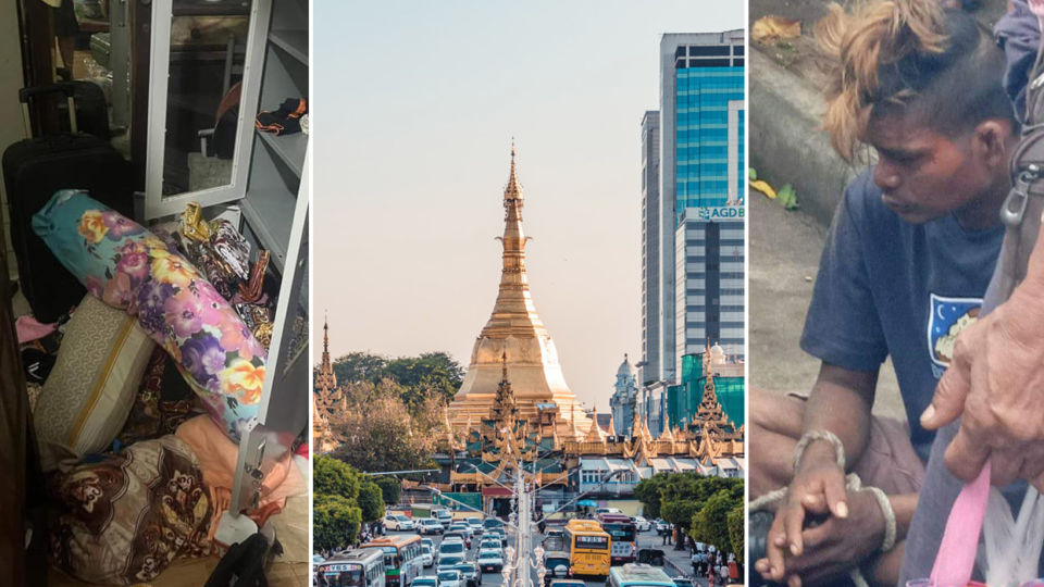 A burglarized home in Kyeemyindaing Township and a machete-wielding robber subdued by passers-by in Insein Township flank a photo of Yangon.  Original images: Khant Si Thu / Facebook, Zuyet Awarmatik, YBS Group / Facebook