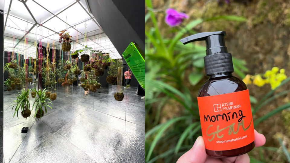 A room of essential oil plants in kokedama at Atsiri di Sarinah’s mini museum (L); the customized body lotion using the result of my “aura persona” quiz (R). Photo: Nadia Vetta Hamid for Coconuts Media