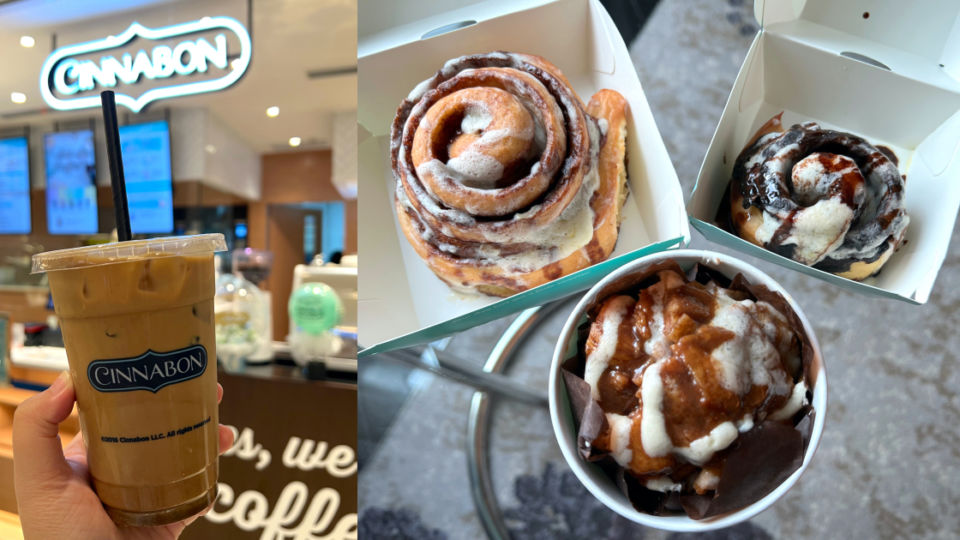 Cinnabon Indonesia’s Iced Cinnamon Roll Cappuccino; (L-R) Classic Cinnabon, Roll-On-The-Go, and Chocobon in Minibon size. Photo: Nadia Vetta Hamid for Coconuts Media