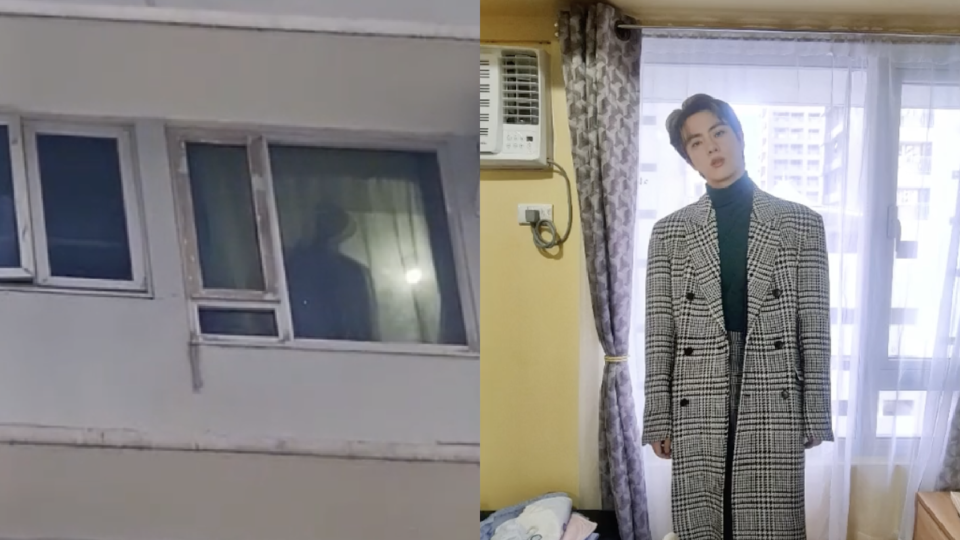 Creepy intruder lurking in window turns out to be BTS Jin standee. Screenshot: snowlight711 (TikTok)