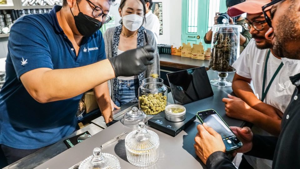 Kajkanit “Gem” Sakdisubha weighs buds on a scale at his The Dispensary by Taratera in Silom area. Photo: Chayanit Itthipongmaetee / Coconuts Bangkok