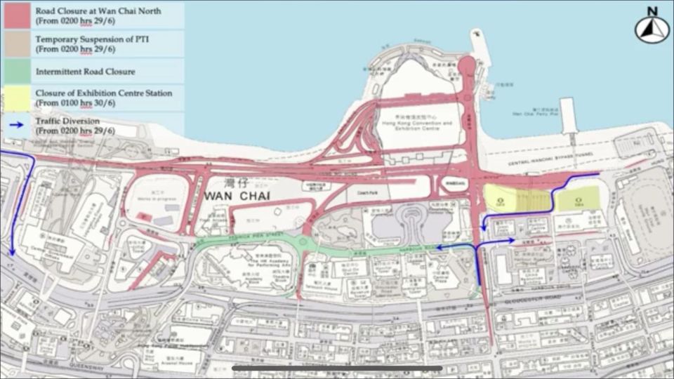 Screengrab of the Hong Kong Police’s Facebook video showing road closures and traffic diversion related to handover events