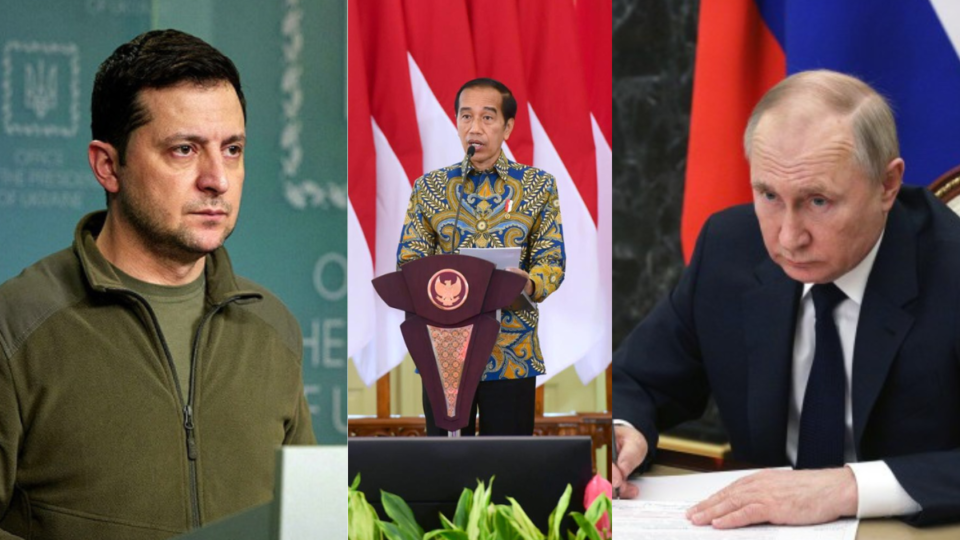 From left: Ukrainian President Vlodymyr Zelenskiy, Indonesian President Joko Widodo, Russian President Vladimir Putin