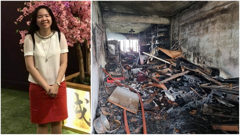 At left, ‘Jenny,’ the only surviving victim of last month’s Bedok North fire, and its aftermath, at right. Photos: Ray of Hope, SCDF/Facebook
