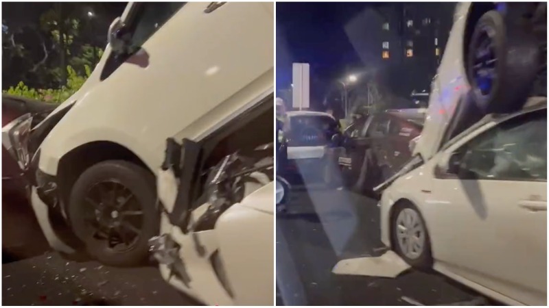 A multi-vehicle pileup last night on the PIE in images from a video. Photo: Charmeloenj/TikTok
