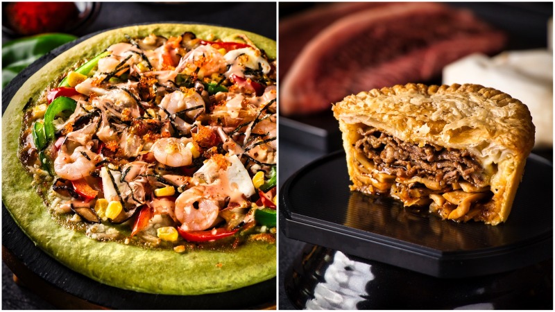 KOBEPI’s Mentaiko Seafood pizza and Truffle-Teriyaki Shabu Beef pie. Photo: KOBEPI
