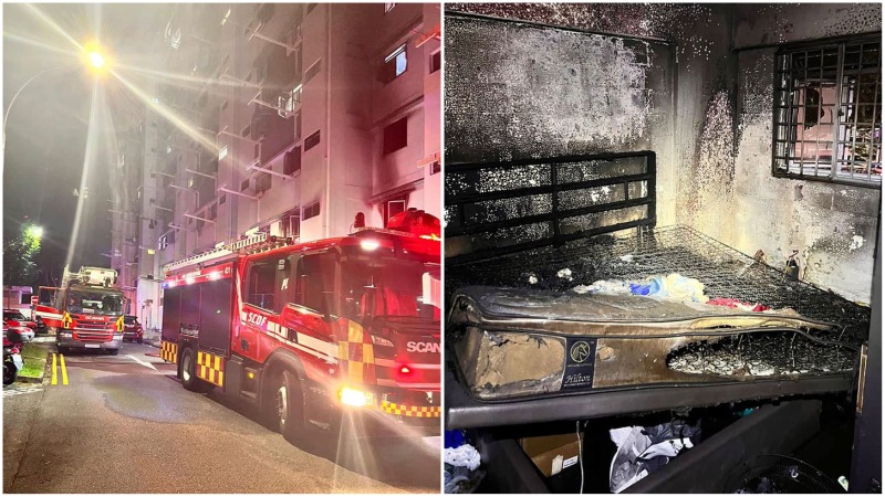 The scene of a Wednesday night fire at Block 218 Marsiling Crescent. Photos: SCDF/Facebook
