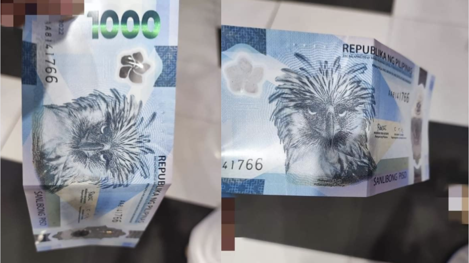 A folded PHP1000 polymer banknote. Images: Reylen Lopez (Facebook)