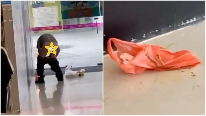 A man poops in a plastic bag at Vivo City. Images: Aki
