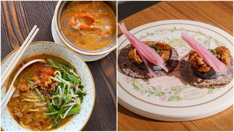 At left, prawn noodles from One Prawn & Co. and Veal Sweetbread Tacos from Fool. Photos: Michelin Guide Asia, Fool
