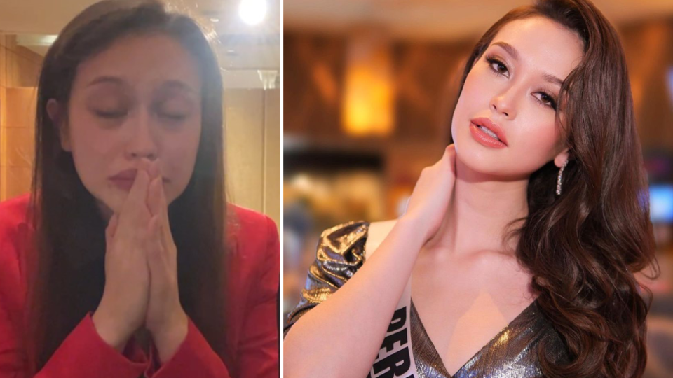 At left, a tearful Perpetua Smith apologizes to fans during a live stream hosted by Miss Universe Thailand. At right, Perpetua Smith poses for Miss Universe Thailand 2022. Images: Pui Sankosik/Facebook, Perpetua Smith/Instagram.