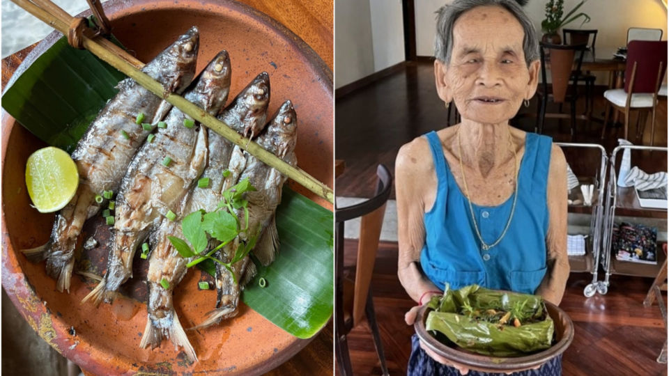 Grill local Isaan freshwater fish ‘pla yon’ (at left) and 78-year-old grandma Jui ( at right). Photos: Zao Isan / Facebook