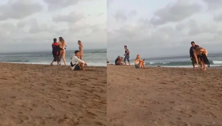 Screengrabs from a video showing a man trying to grab his phone back from a foreigner who caught him secretly filming her.