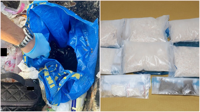 At left, a bag containing heroin and ice recovered from a rubbish chute on Boon Lay Drive and bags of heroin, ice and Cannabis, at right. Photos: Central Narcotics Bureau
