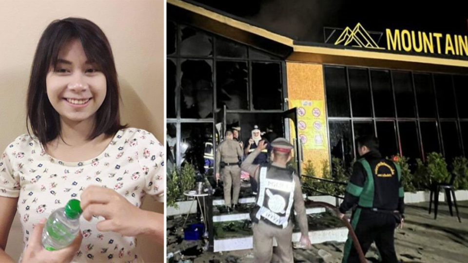 At left, Arthitaya “Ice” Insiri in a photo shared by her mother on social media. At right, the Mountain B nightclub. Photos: Weena Insiri/Facebook, Sawang Rojana Rescue Foundation