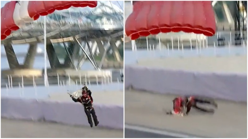 Third Warrant Officer Jeffrey Heng lands on the Marina Bay Floating Platform during the National Day Parade yesterday. Photos: Mediacorp
