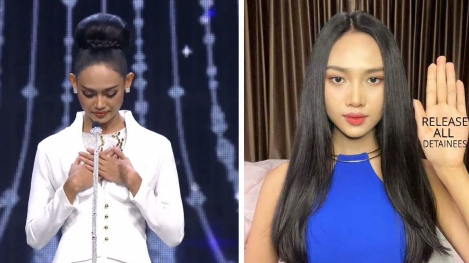 (L) Han Lay speaking at Miss Grand International 2021 Screenshot: Miss Grand International. (R) Photo: @hann_may/Instagram