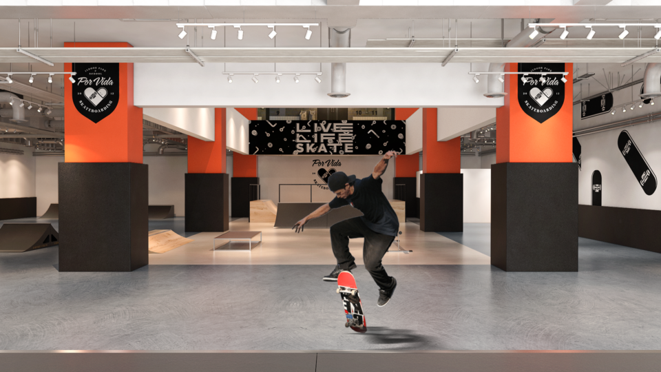 An artist impression of the indoor skatepark in GR.iD Mall. Image: Por Vida Skateboarding
