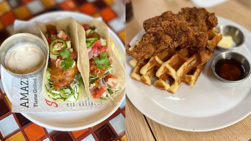 From Left: Fish tacos from Zibaa, Fried chicken and waffles from Hot Stuff. Photo: Coconuts Media