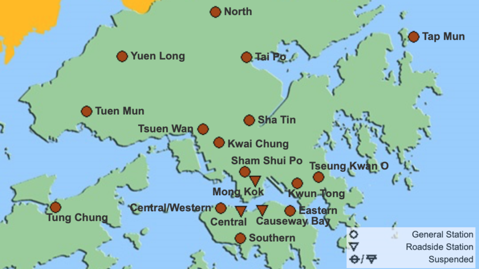 The AQHI at different stations across Hong Kong, with brown indicating a very high level of health risk. Photo: Environmental Protection Department