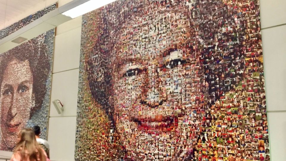 Photomosaic image of Queen Elizabeth II at Gatwick airport, London, UK. Photo: Unsplash/Tomas Martinez.