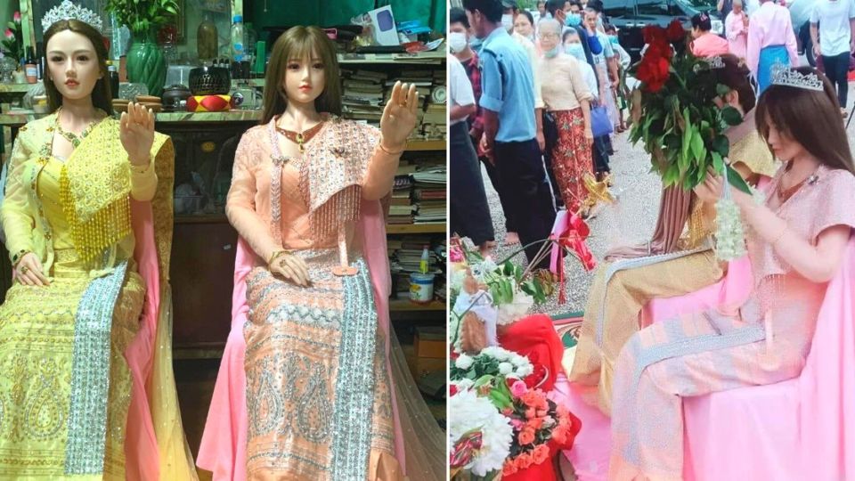 Images of the dolls outside of Shwedagon Pagoda on Saturday that went viral on social media. Photo: Ko Phyo (@KoPhyo73407557
) / Twitter