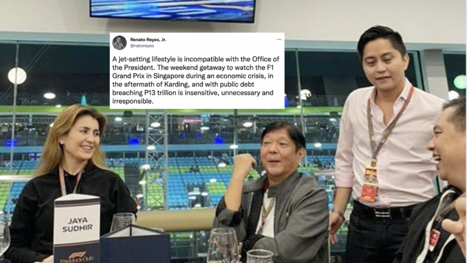 This image of President Ferdinand Marcos Jr, together with son Sandro Marcos and House Speaker Martin Romualdez at the Singapore F1 Grand Prix made the rounds on Sunday.