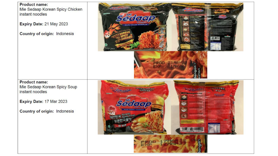 Two Mie Sedaaap products recalled. Photo: Singapore Food Agency