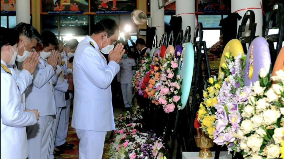 Prime Minister Prayuth Chan-ocha attends Tuesday’s funeral for victims of last week’s mass shooting in Nong Bua Lamphu province.