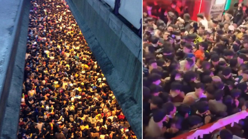 Screengrabs from social media video showing the crowds in Itaewon, South Korea, on October 29. A crowd crush among tightly packed Halloween revelers led to the deaths of 150 people.