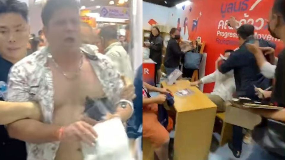 Kaneshpitsanuthep “K 100 million” Chakkraphopmahadecha is escorted by security staff at the national book fair on Sunday, at left, and attacking Thanathorn Juangroongruangkit, former leader of Future Forward Party, at right. Still images taken from videos.
