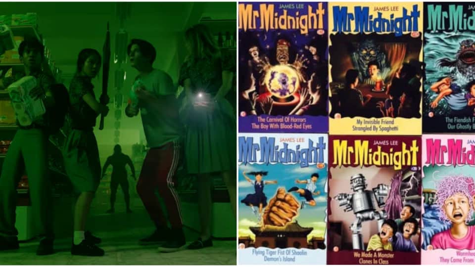 At left, a scene from Netflix’s Mr. Midnight: Beware the Monsters and a collage of James Lee’s Mr. Midnight books, at right. Images: Netflix, Angsana Books, Flame Of The Forest Publishing
