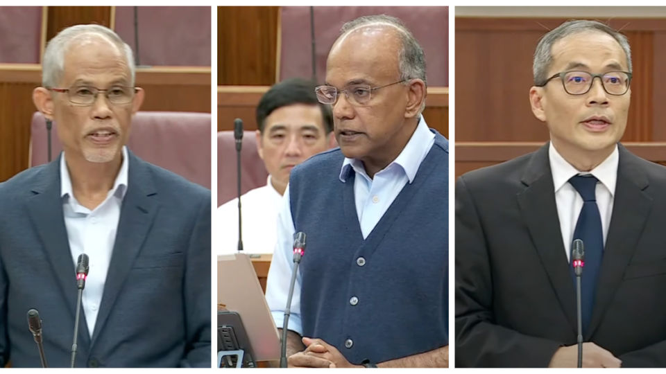 Masagos Zulkifli, K Shanmugam and WP’s Dennis Tan spoke at today’s Parliament session. Photo: Screengrab from CNA Live 