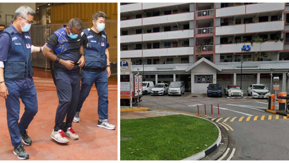 Caleb Joshua Chai Shanmugam with the police and the block on Beach Road where Ang was found dead. Photo: Singapore Police Force and Google Maps