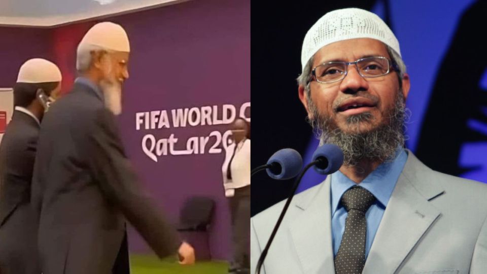 L: Zakir Naik attending a World Cup event in Qatar Photo: @AskAnshul / Twitter. R: Dr. Zakir Naik speaks in the Maldives in May 2010. Photo: maapu / Wikimedia Commons 