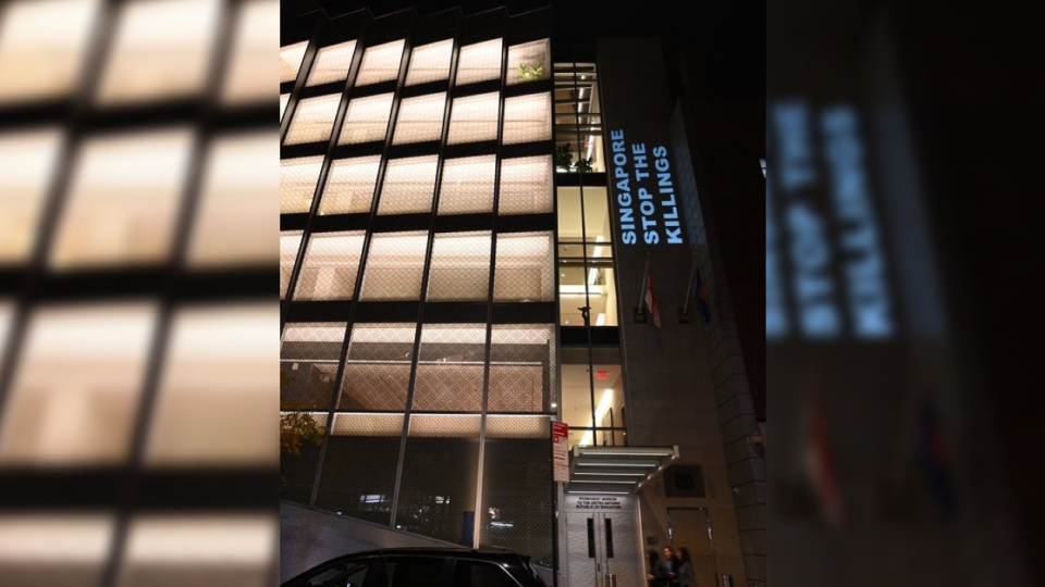 The light-up display on the Singapore Consulate building in New York. Photo: Transformative Justice Collective/Facebook
