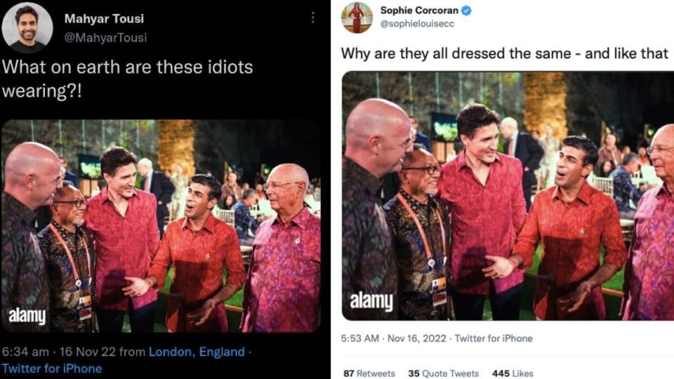 Foreign commentators mocking politicians and the shirts they wore ahead of the G20 Summit in Bali. Photo: Twitter screengrab