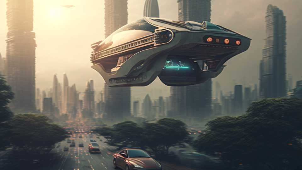 Illustration of flying cars in a city. Image: Midjourney